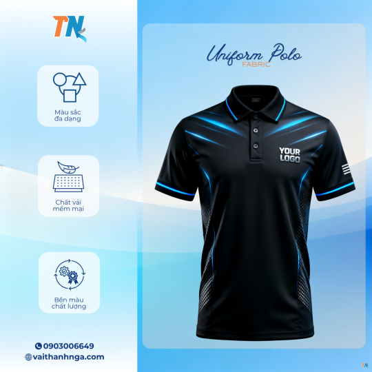 Áo Thun Đồng Phục Polo Đen Sọc Xanh – Vải Cá Sấu Poly